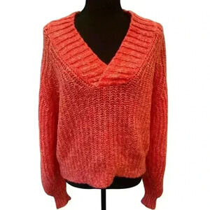 Anthropologie Honore Wool Blend Ribbed V-Neck Red & White Sweater Womens Size M